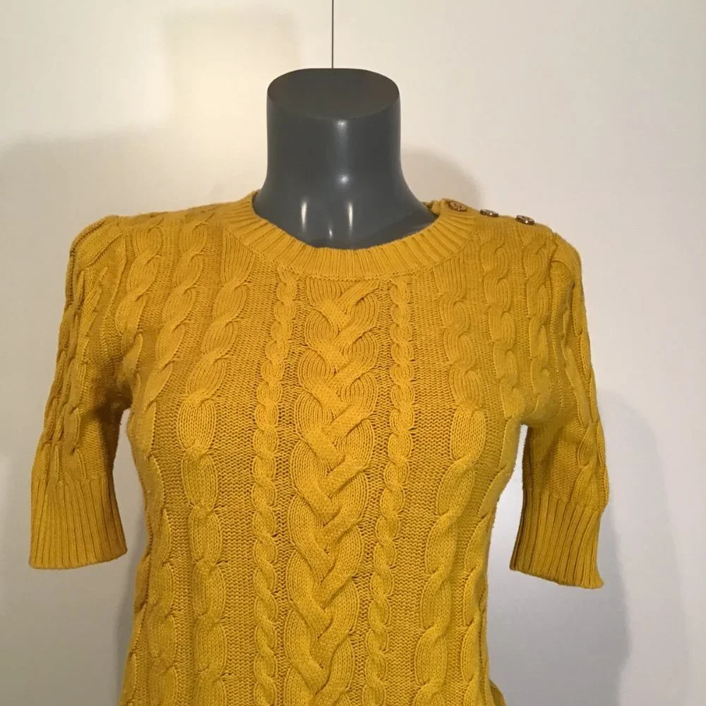 Banana Republic Short Sleeve Mustard Yellow Cable Knit Sweater  Size XS - Picture 2 of 9